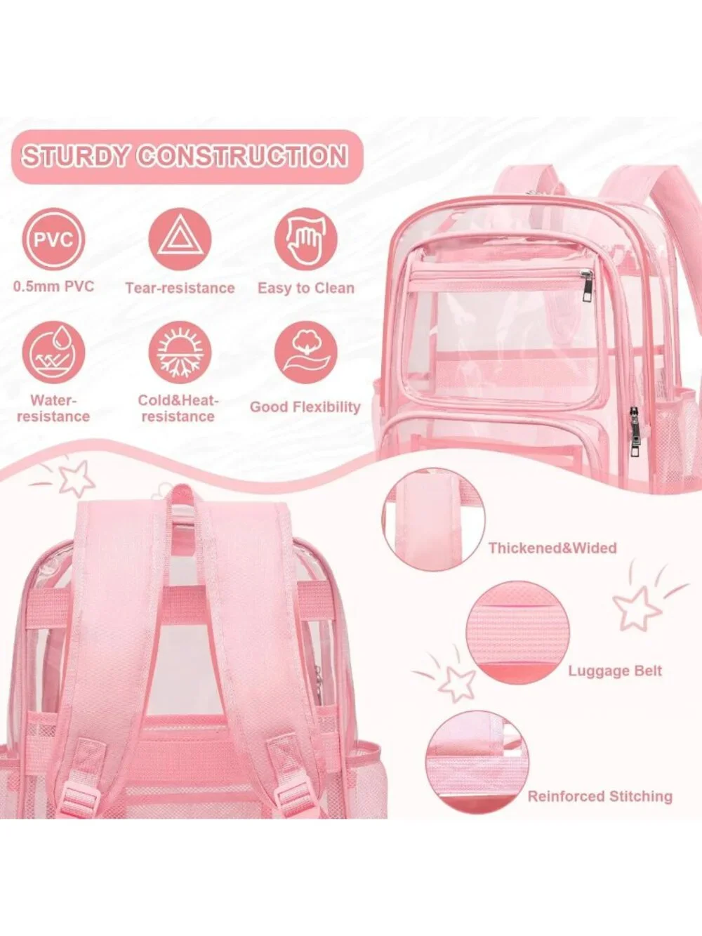 Large Clear Backpack for School, Heavy Duty Transparent Bookbag with Luggage